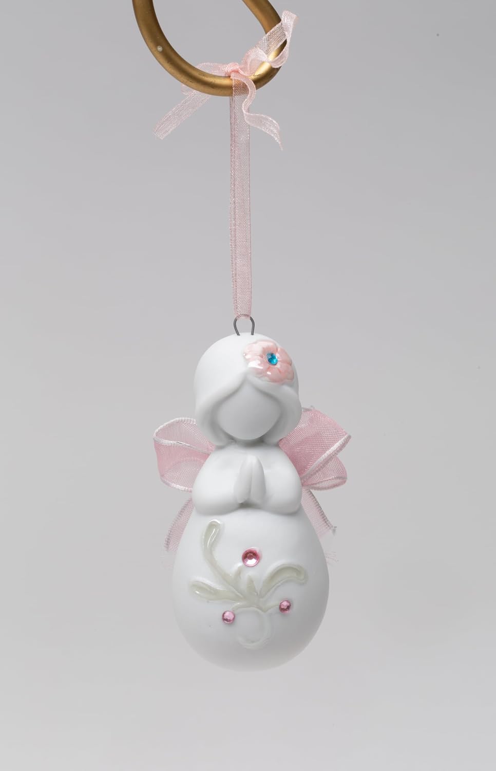 Cosmos Gifts Fine Porcelain Inspirational Praying Angel with Pink Ribbon Wings Hanging Christmas Tree Ornament Figurine 3" H