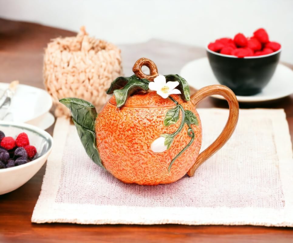 Cosmos Gifts Fine Ceramic Fruit Orange & White Flower Teapot 12 fl oz 4" H