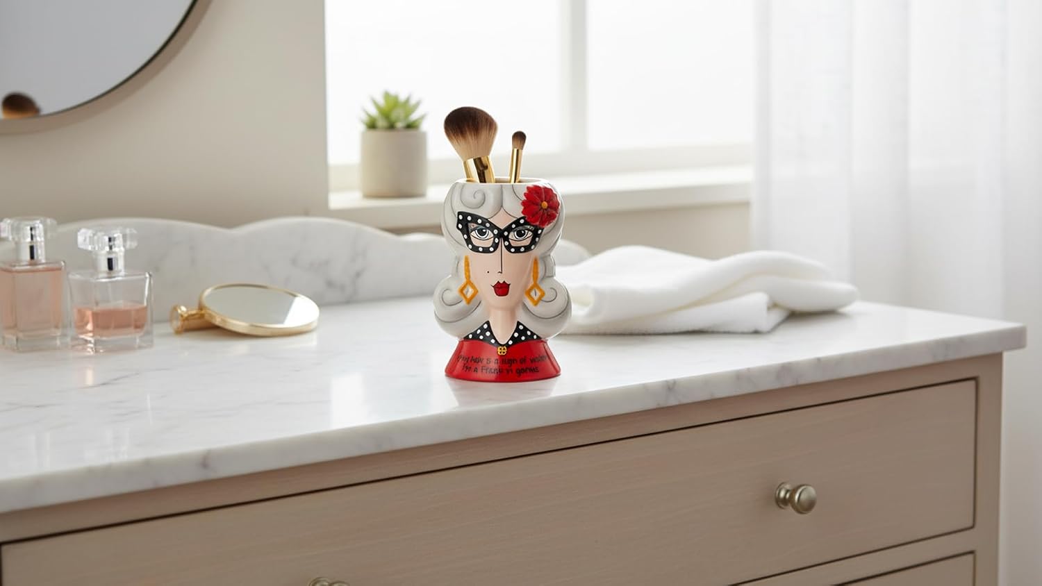 Cosmos Gifts Fine Ceramic Dolly Mama's Fashion Eyeglasses Lady Makeup Brushes Holder Vase 5-1/2" H