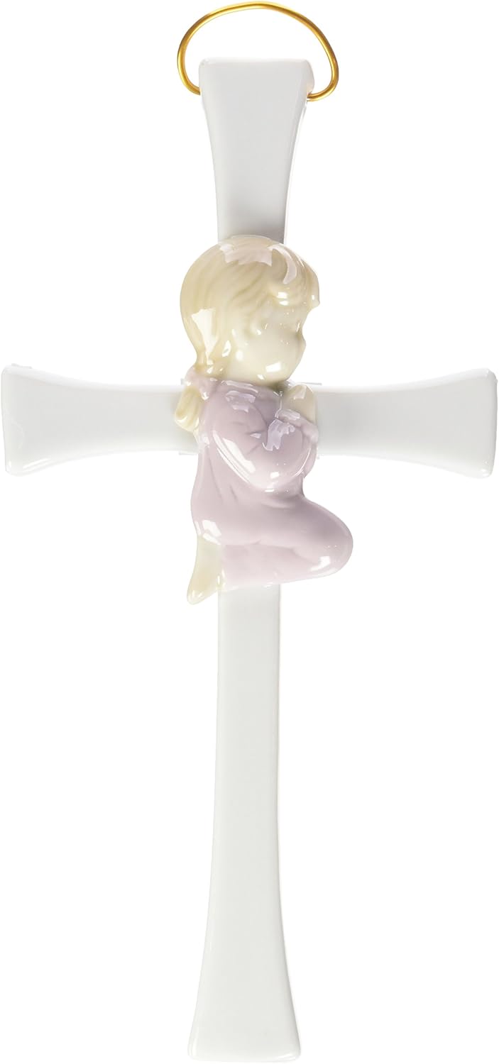 Cosmos Gifts Fine Porcelain Pink Praying Girl on Cross Figurine 8" H R8002B