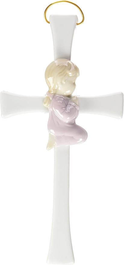 Cosmos Gifts Fine Porcelain Pink Praying Girl on Cross Figurine 8" H R8002B