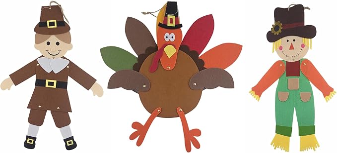 Harvest Pilgrim, Scarecrow and Turkey Jointed Felt Cutouts 19in.High - 3 pc. Set