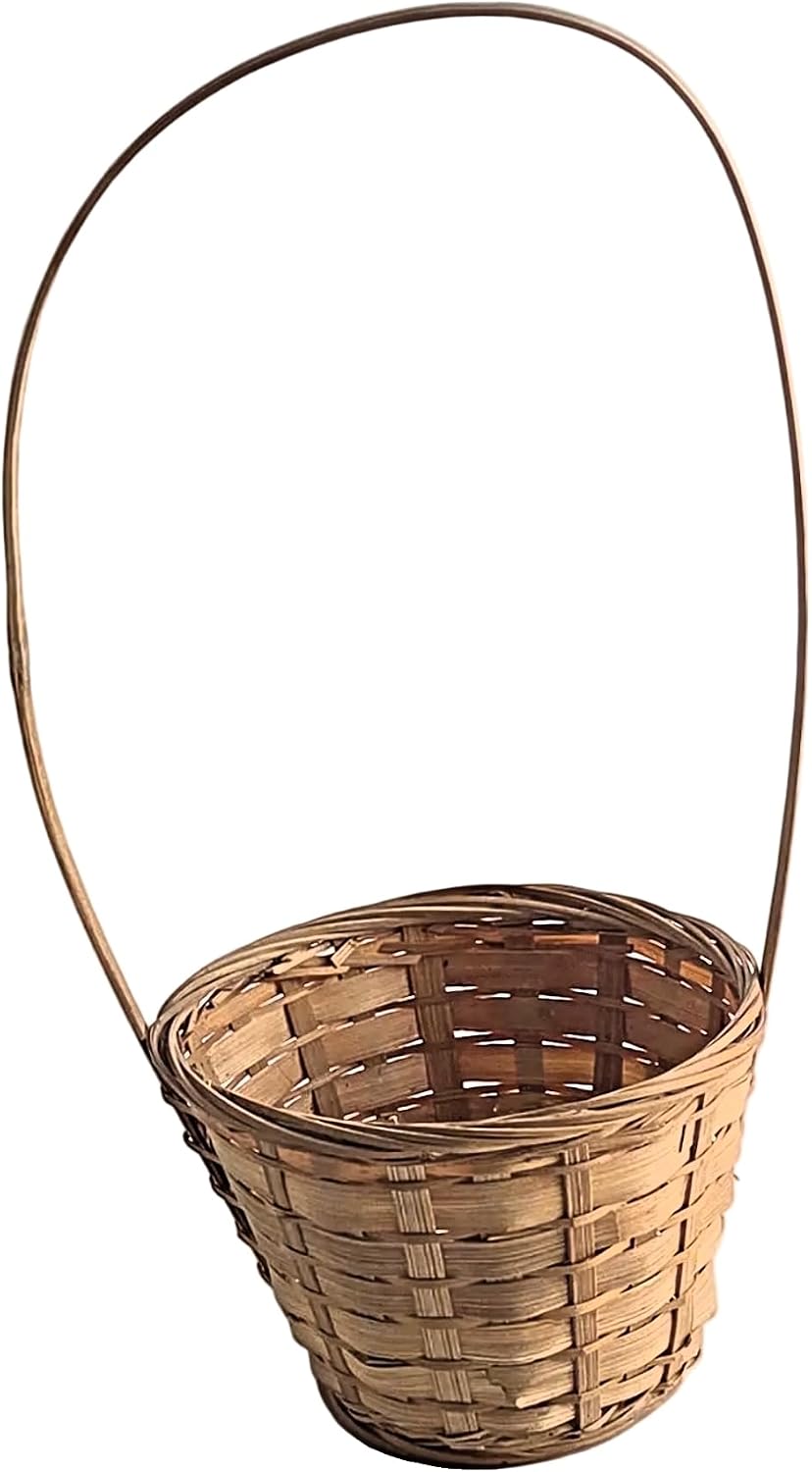 Natural Brown Woven Bamboo Basket with Tall Arched Handle, 1 Piece