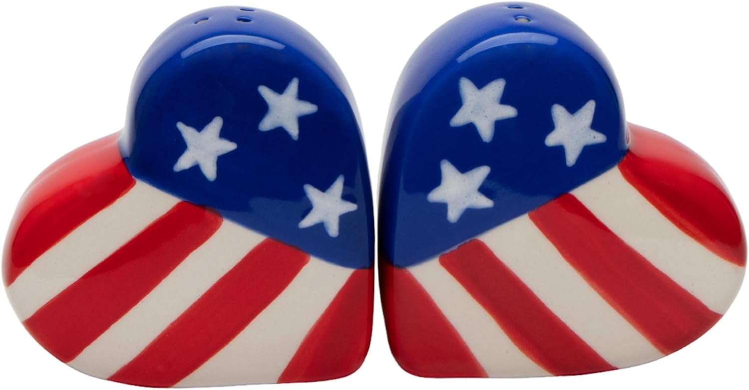 Cosmos Gifts Fine Ceramic Patriotic Hearts Salt & Pepper Shakers Set 2-1/2" H