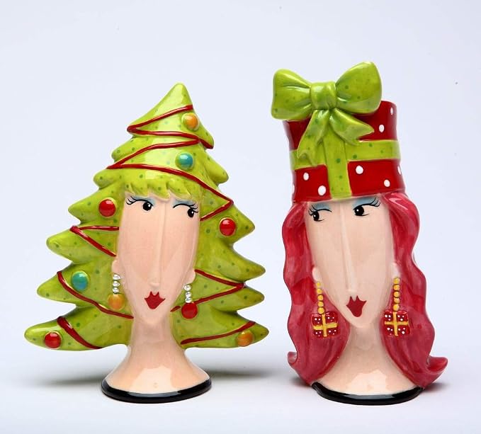 Cosmos Gifts Fine Ceramic Dollymama's Christmas Lady Tree & Ribbon Hat Salt and Pepper Shakers 4-1/4" H