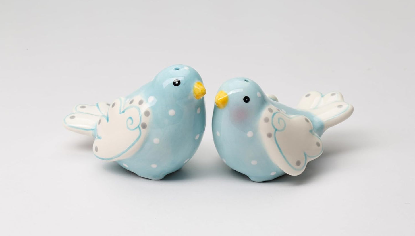 Cosmos Gifts Fine Ceramic Lovebird Bluebird Pastel Baby Blue Bird with White Wings and White Polka Dots Design Salt and Pepper Shakers Set 3-5/8" L