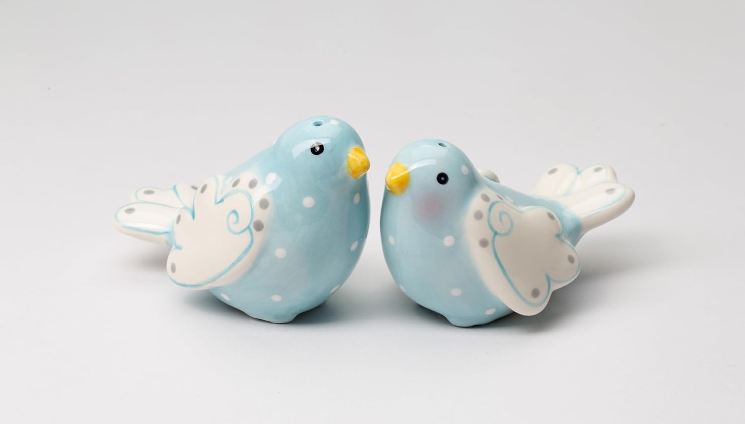 Cosmos Gifts Fine Ceramic Lovebird Bluebird Pastel Baby Blue Bird with White Wings and White Polka Dots Design Salt and Pepper Shakers Set 3-5/8" L