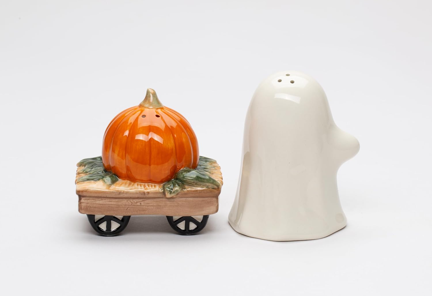 Fine Ceramic Halloween Casper & Pumpkin Wagon Salt & Pepper Shakers Set, 3-1/4" H