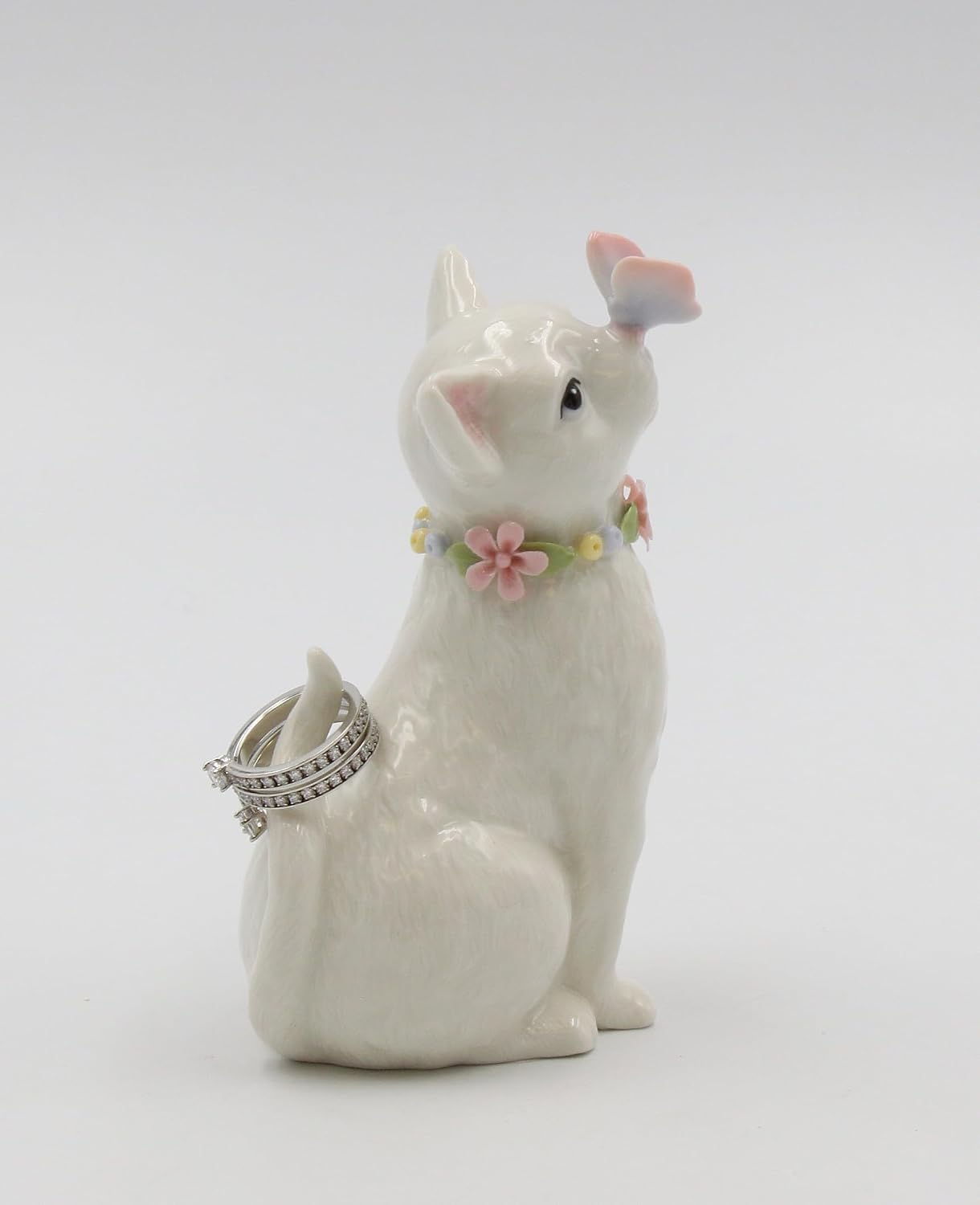Cosmos Gifts Fine Porcelain White Cat with Flowers Ring Holder 2-3/4" x 2" x 4-1/2" H 11004