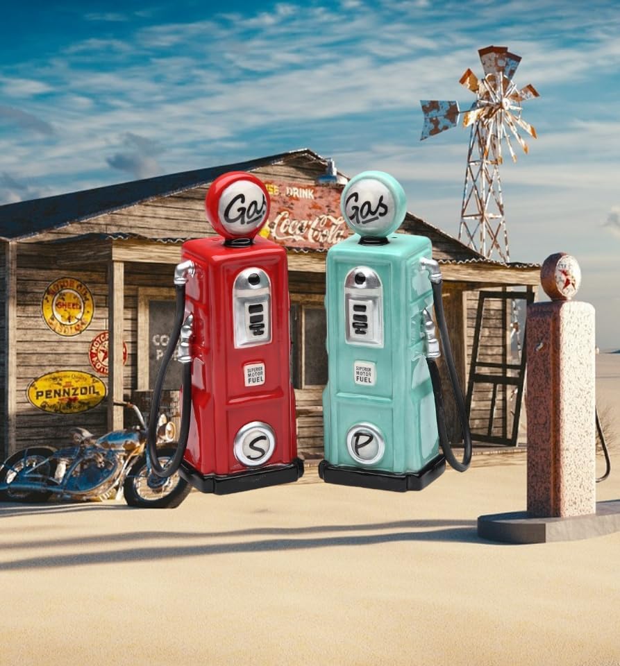 Cosmos Gifts Fine Ceramic Red and Blue Nostalgia Old Fashioned Gas Pump Salt & Pepper Shakers Set 4-1/4" H