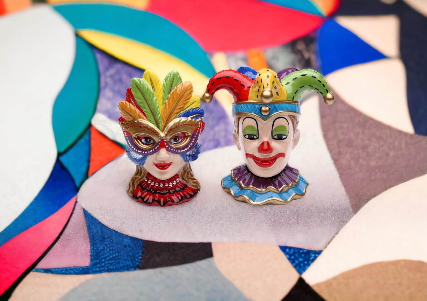 Cosmos Gifts Fine Ceramic Hand Painted Mardi Gras Joker Clown and Girl Wearing Mask Salt and Pepper Shakers Set 4" H Multicolor