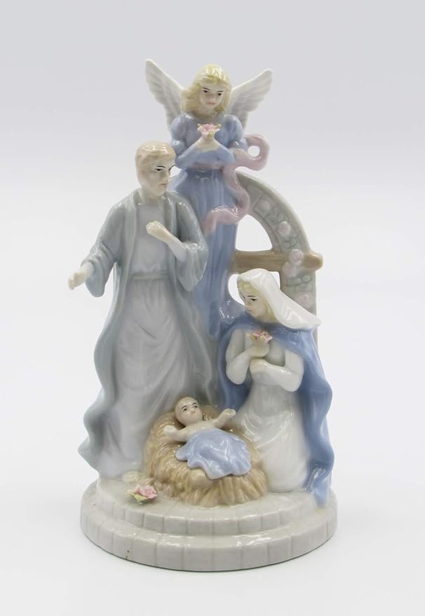 Cosmos Gifts Fine Porcelain Inspirational Angel with Nativity Holy Family Figurine Music Box 7-1/2" H