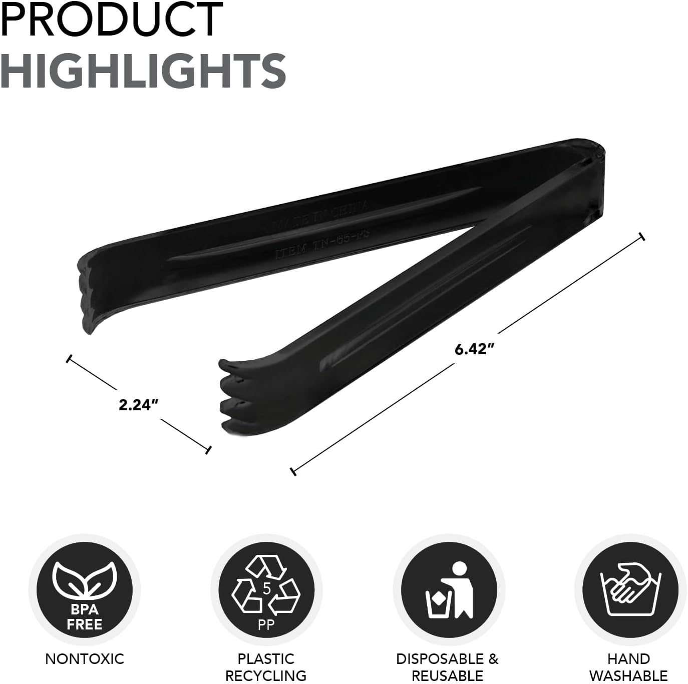 Party Essentials Hard Plastic 6-1/2" Serving Tongs, Black, 4 Count