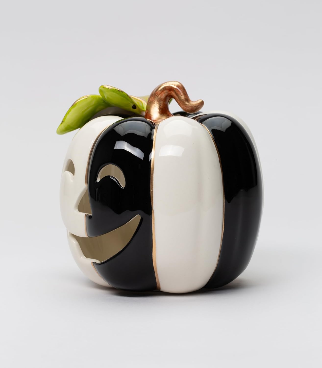 Cosmos Gifts Fine Ceramic White and Black Pumpkin Shaped Tealight Holder 4-1/4" H