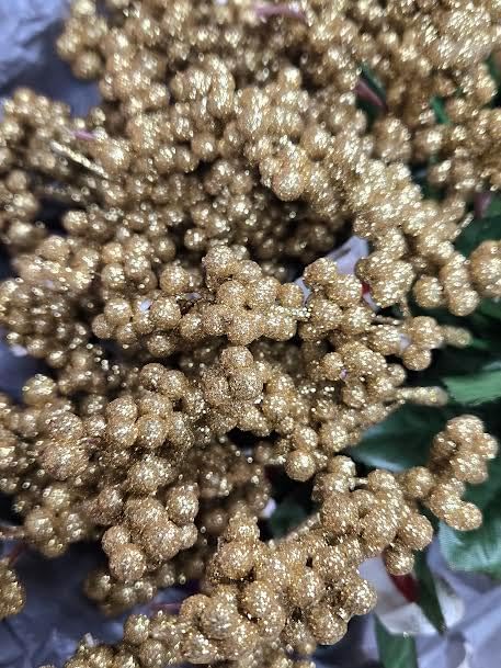 Party Favors Plus Gold Glittered Berry Spray with Green Leaves 8 Bunches 40 Stems