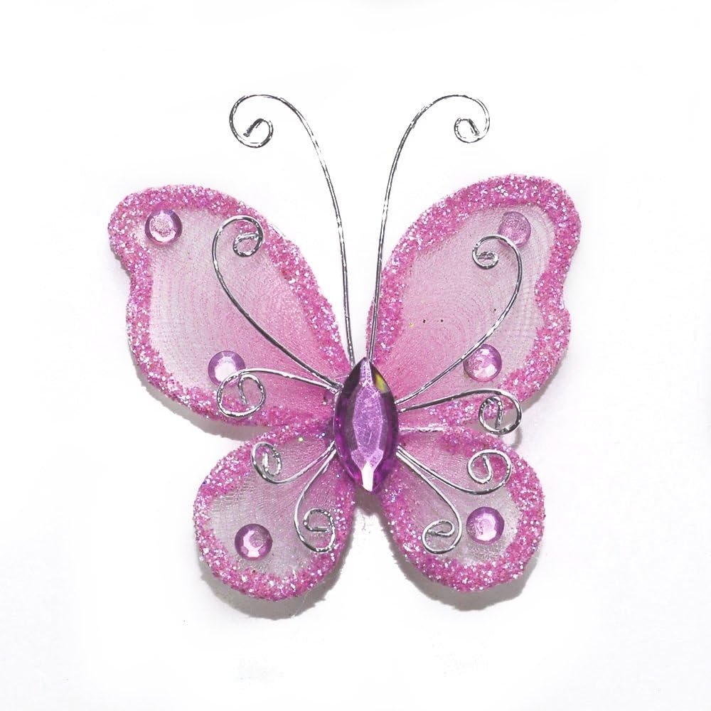Party Favors Plus Pink Organza Nylon Wire Butterfly Decorations 24 Count