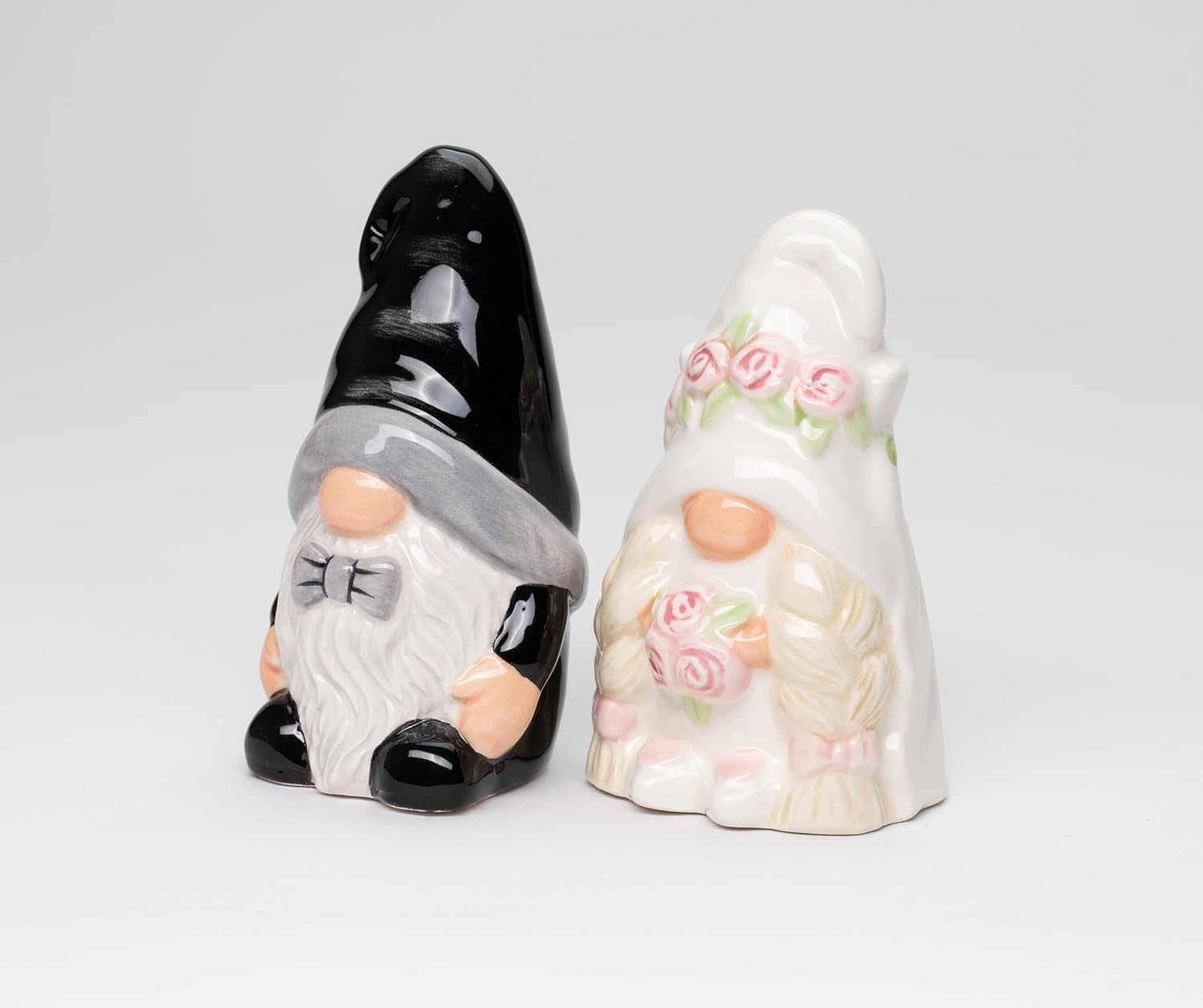 Cosmos Gifts Fine Ceramic Wedding Gnome Bride & Groom Salt and Pepper Shakers Set 4" H Black White Beige