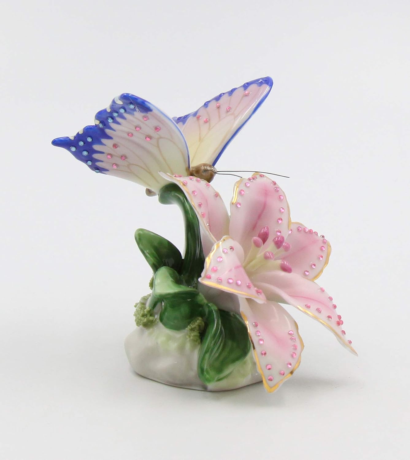 Cosmos Gifts Fine Porcelain Faux Jewel Butterfly with Pink Stargazer Lily Figurine 3-1/4" H