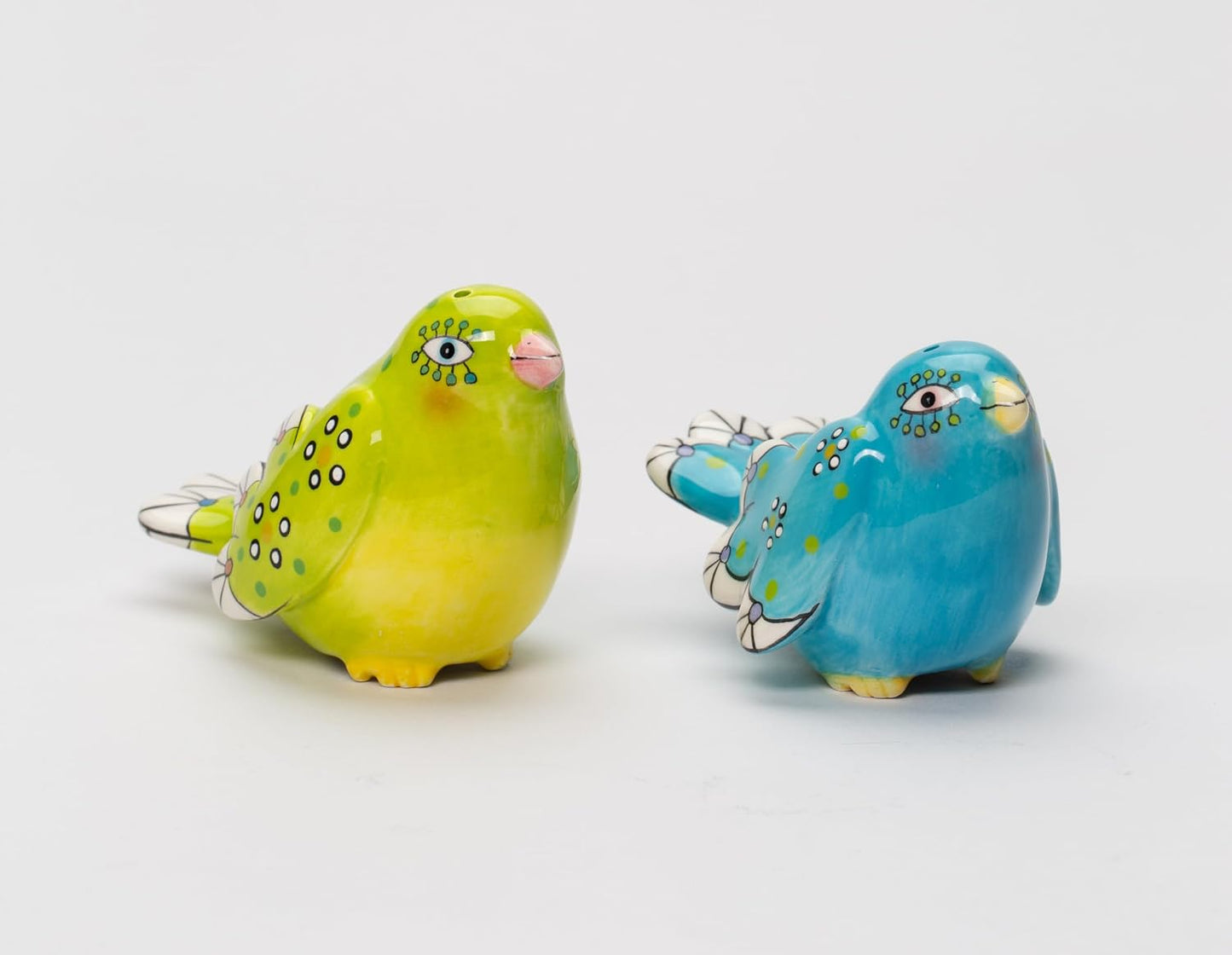 Cosmos Gifts Fine Ceramic Flight of Fancy Hand Painted Blue and Green Love Birds Salt & Pepper Shakers Set 3-3/8" L