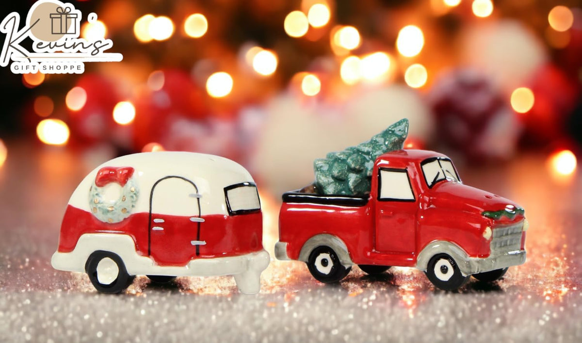Cosmos Gifts Fine Ceramic Christmas Vintage Truck with Camper Salt and Pepper Shakers Set of 3 3-3/4" L