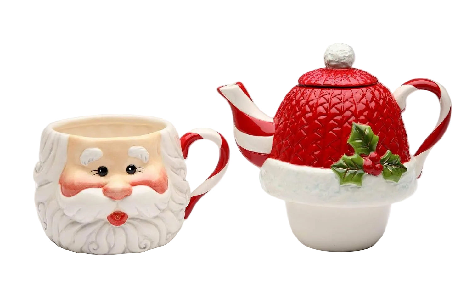 Cosmos Gifts Fine Ceramic Joyful Christmas Santa with Swirl Candy Cane Tea for One Set 7-1/2" L