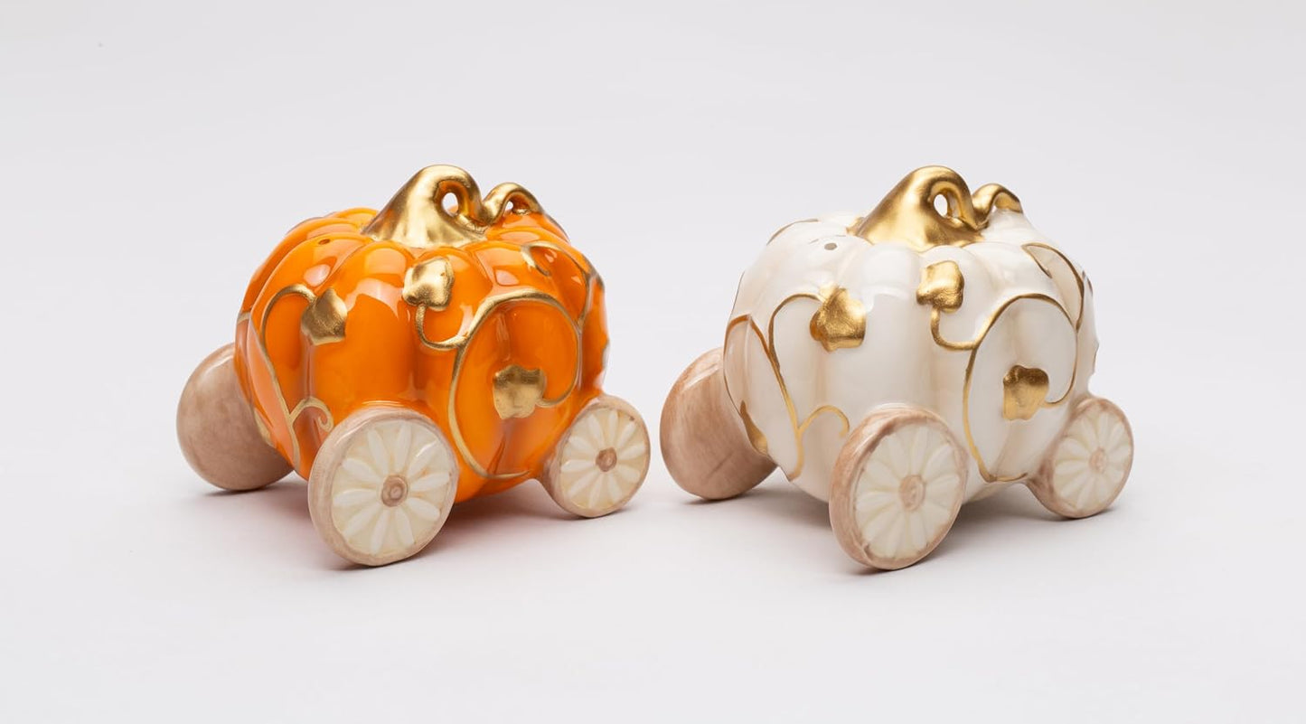 Cosmos Gifts Fine Ceramic Thanksgiving Autumn Fall Pumpkin Carriages Salt & Pepper Shakers Set 3" L