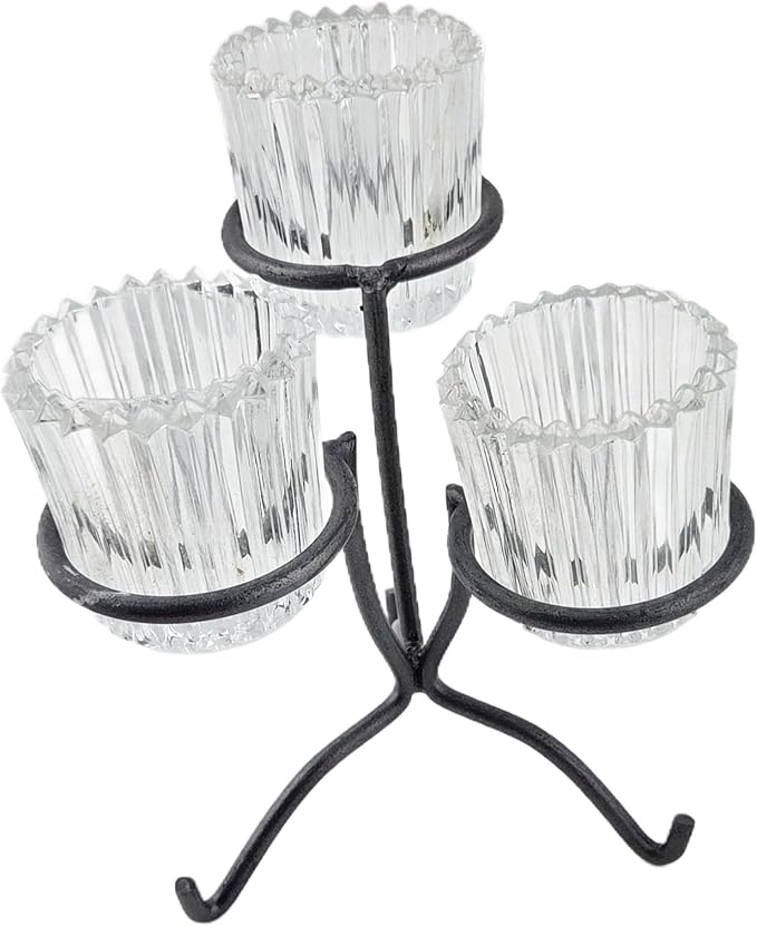 Party Favors Plus Triple Glass Votive Tealight Holder Clear Ribbed 2.5x2.5 Inch Metal Stand