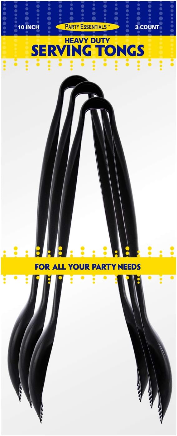 Party Essentials Plastic Serving Tongs, 3-Count, Black
