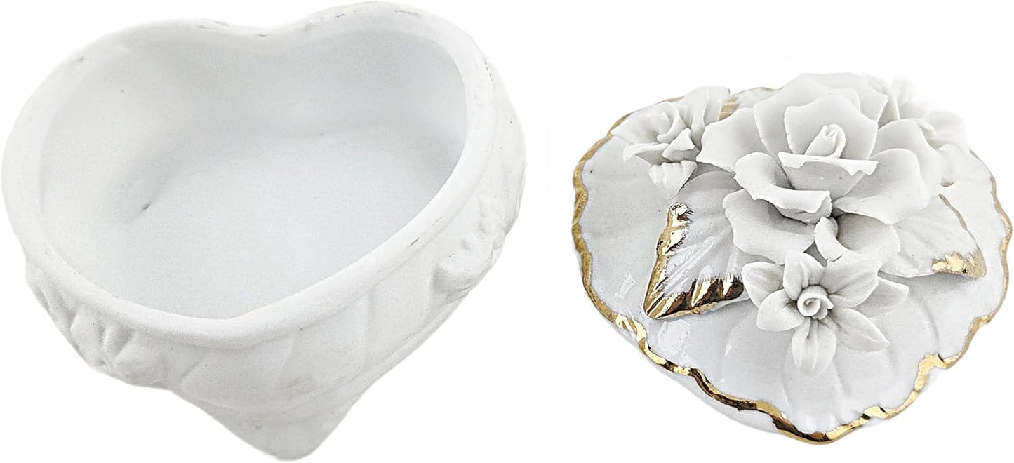 Party Favors Plus Heart-Shaped Porcelain Trinket Box White Gold Floral 3.5 Inch