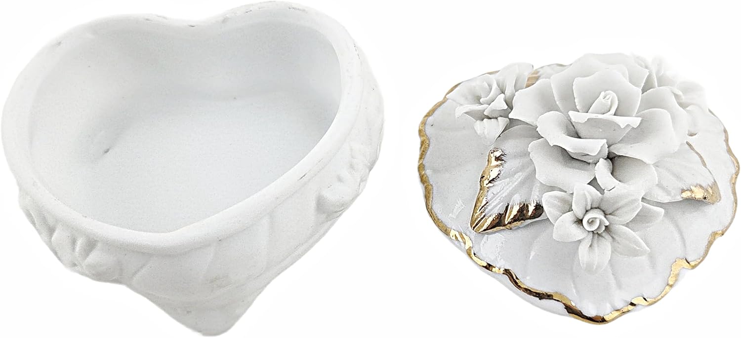 Party Favors Plus Heart-Shaped Porcelain Trinket Box White Gold Floral 3.5 Inch