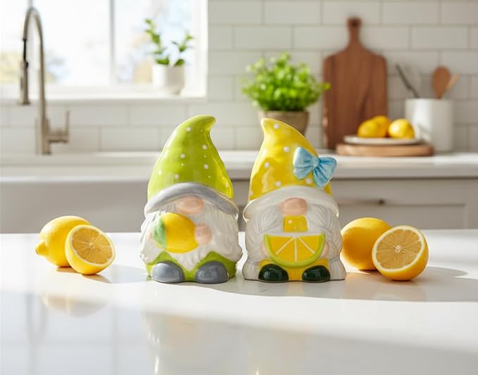Cosmos Gifts Fine Ceramic Summer Lemon Lime Cool Gnome Couple Salt and Pepper Shakers Set 3-5/8" H Yellow Green