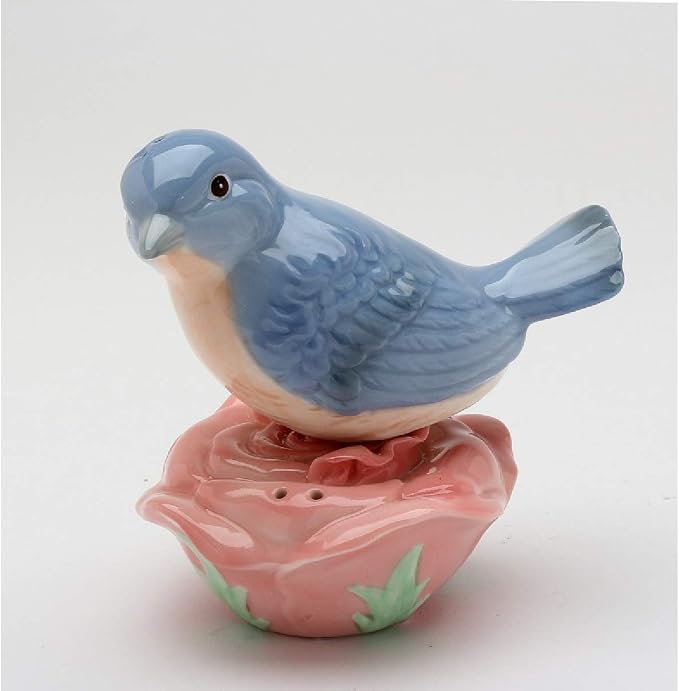 Cosmos Gifts Fine Porcelain Blue Bird on Rose Salt and Pepper Shakers Set 4-1/4" H