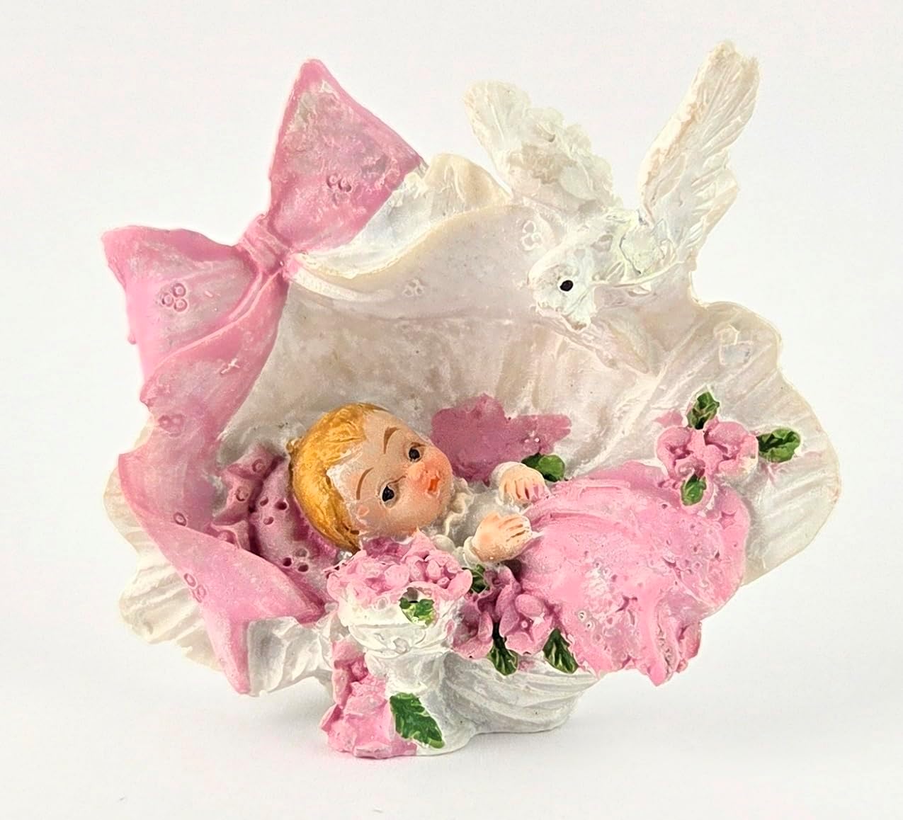 Party Favors Plus Baby in Clam Shell Figurine Pink White Polyresin 2.5 Inch