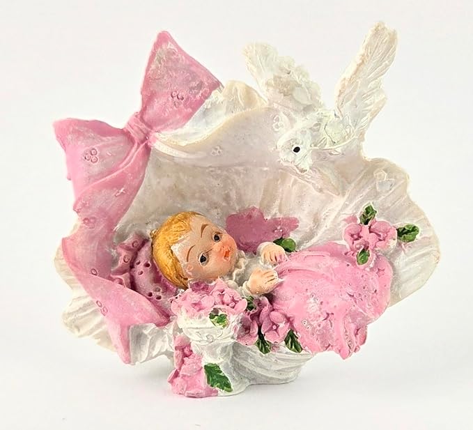 Party Favors Plus Baby in Clam Shell Figurine Pink White Polyresin 2.5 Inch