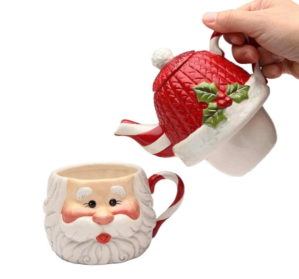 Cosmos Gifts Fine Ceramic Joyful Christmas Santa with Swirl Candy Cane Tea for One Set 7-1/2" L
