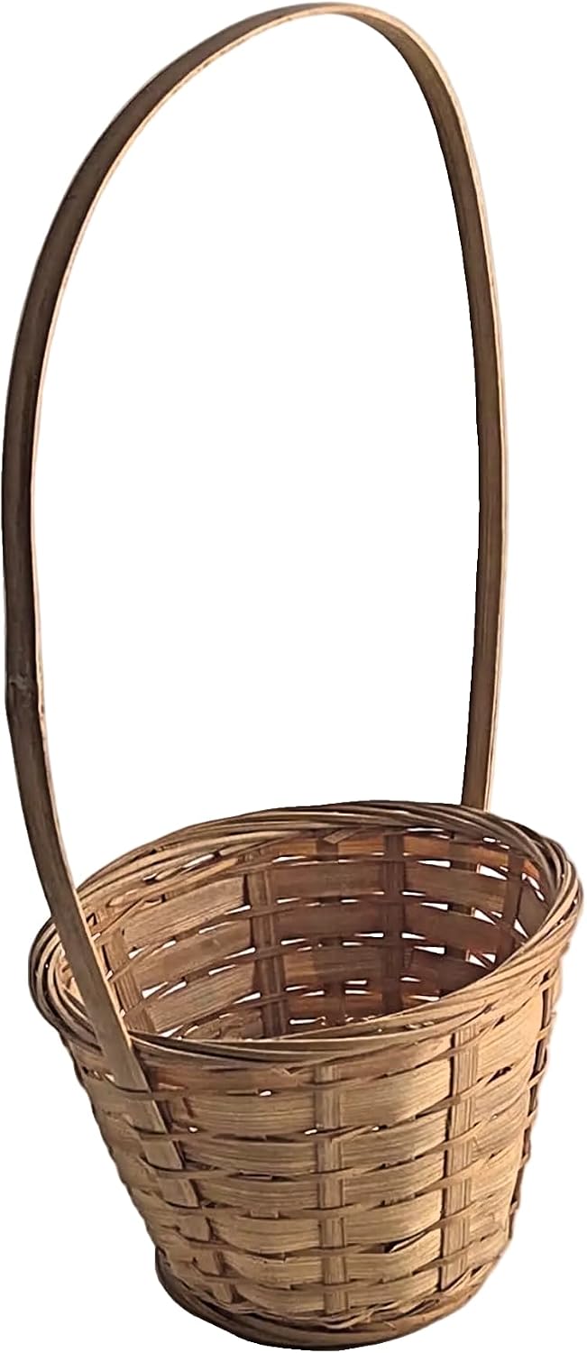 Natural Brown Woven Bamboo Basket with Tall Arched Handle, 1 Piece