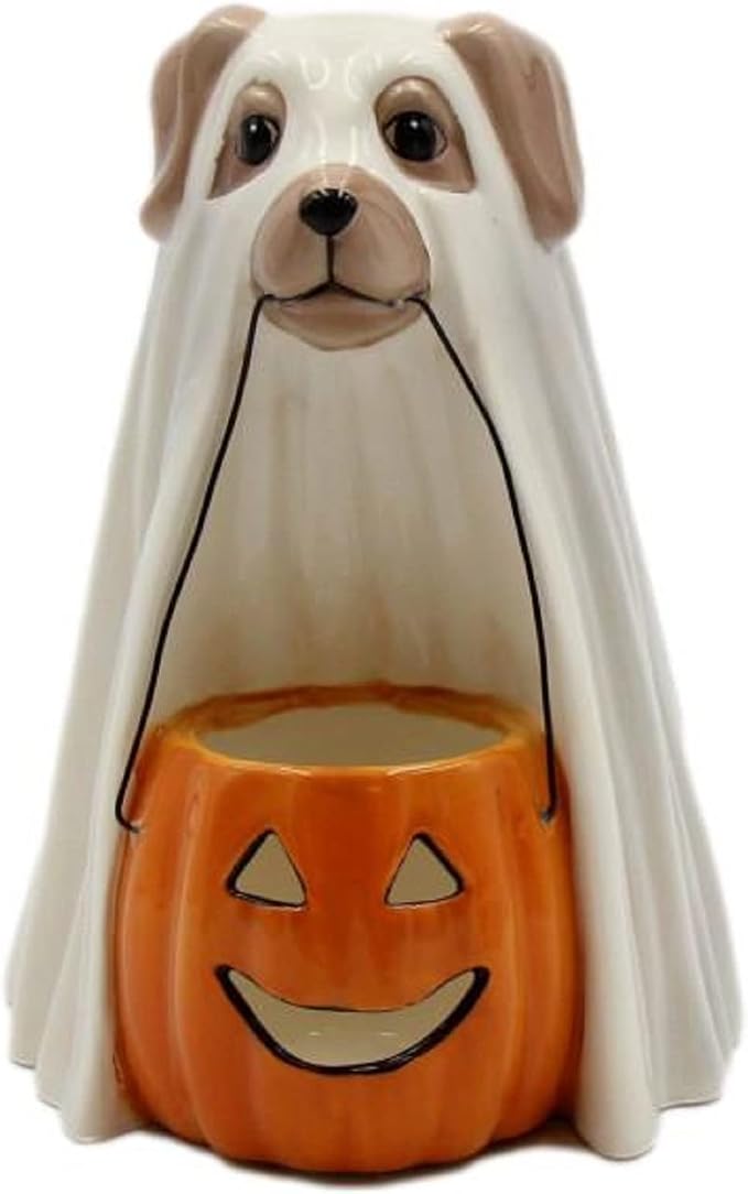 Cosmos Gifts Fine Ceramic Ghost Dog Holding Pumpkin Tealight Holder 6-3/8" H