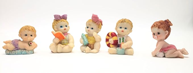Party Favors Plus Blue Pink White Polyresin Baby Figurines 2.5 Inch Set of 5