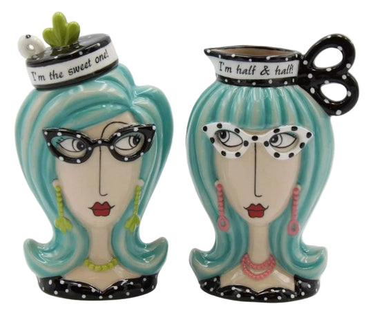 Cosmos Gifts Fine Porcelain Dollymama Blue Hair Lady Sugar & Creamer Set 4-7/8" H