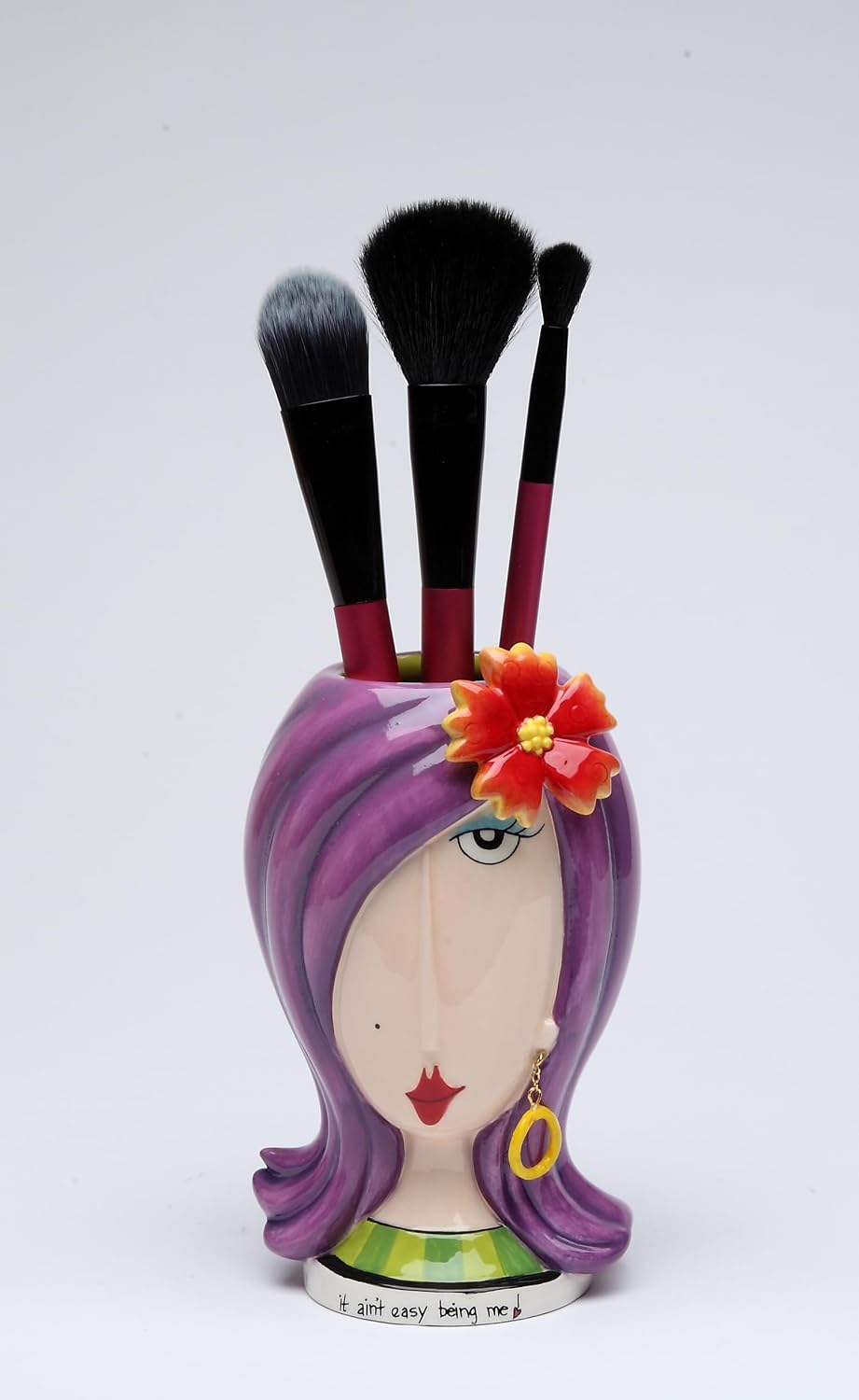 StealStreet Fine Ceramic It Isn't Easy Being Me Lady with Flower Makeup Holder Vase 5.87" H Purple