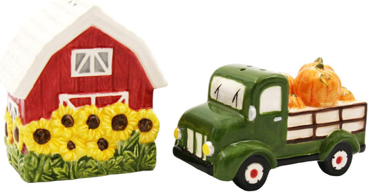Cosmos Gifts Fine Ceramic Sunflower Barn and Pumpkin Truck Salt and Pepper Shakers 3.12 In Multicolor