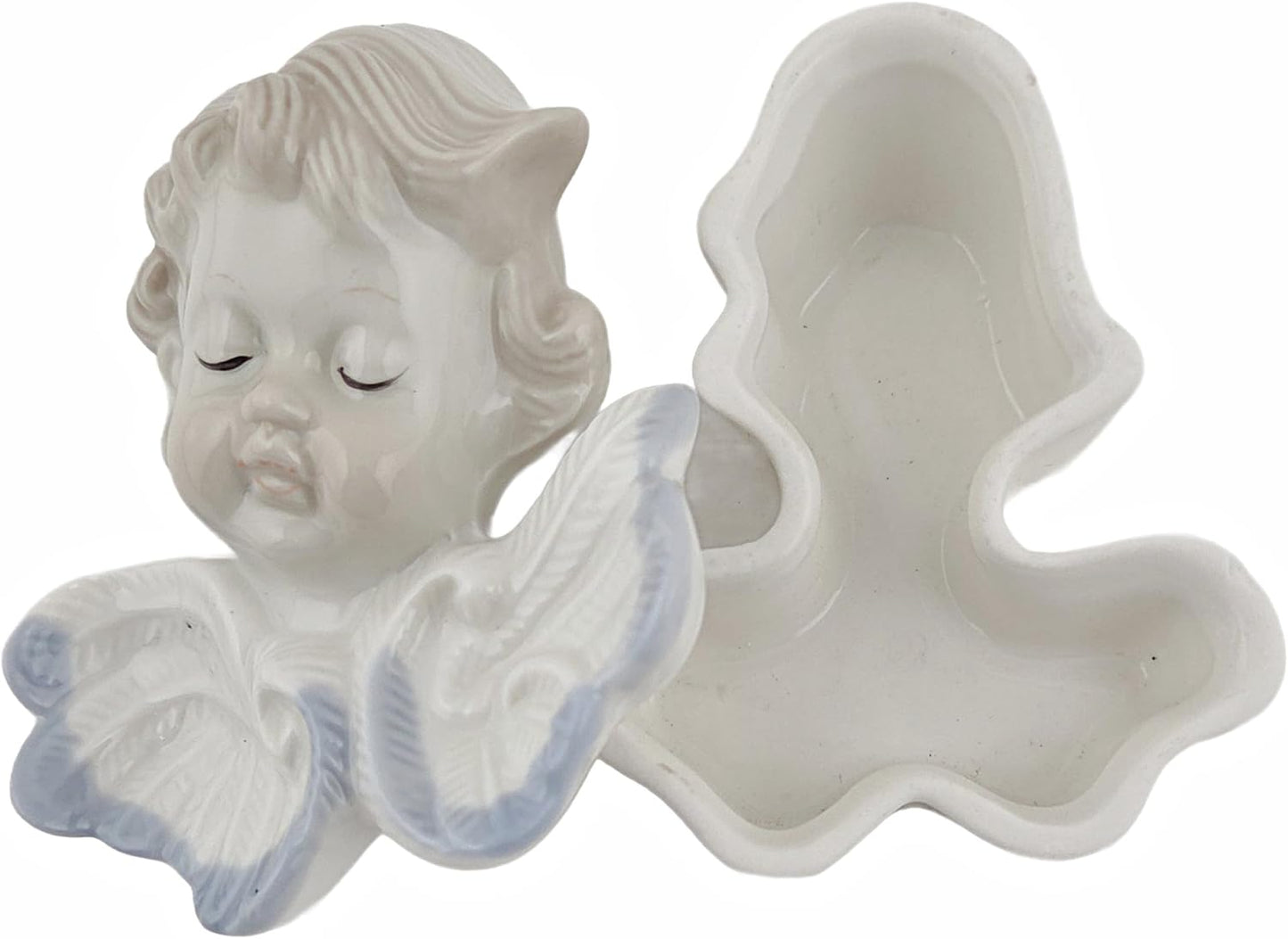 Party Favors Plus Porcelain Cherub Trinket Box White Blue Vintage 3.5 Inch