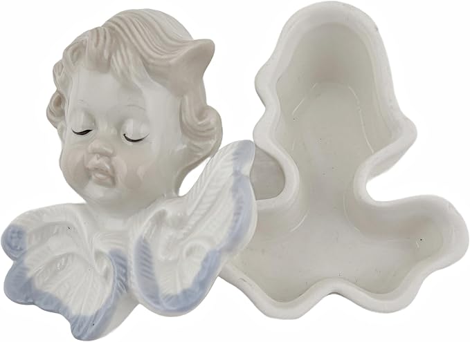 Party Favors Plus Porcelain Cherub Trinket Box White Blue Vintage 3.5 Inch