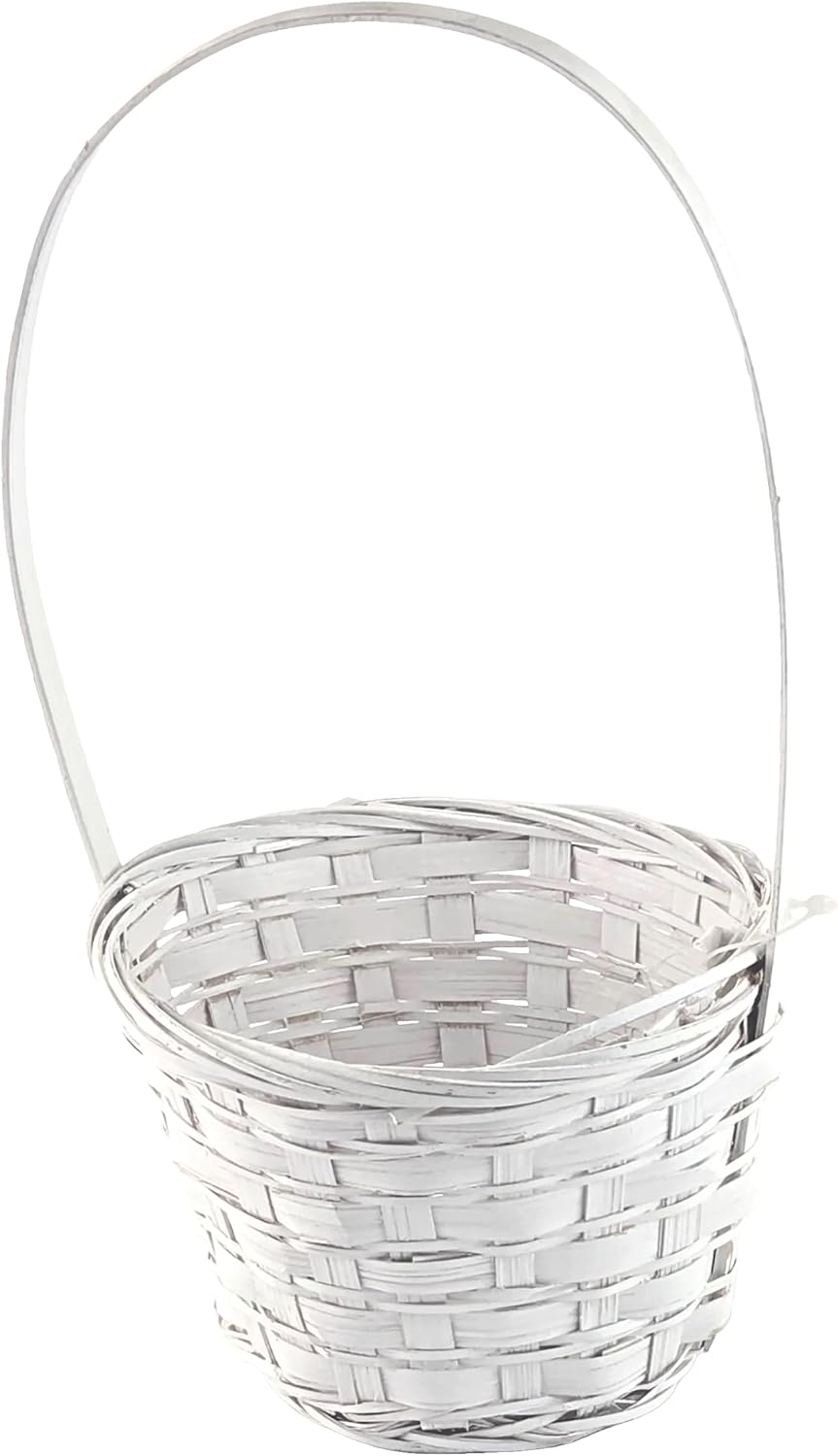 Round White Wicker Baskets with Handle, 2 Pieces