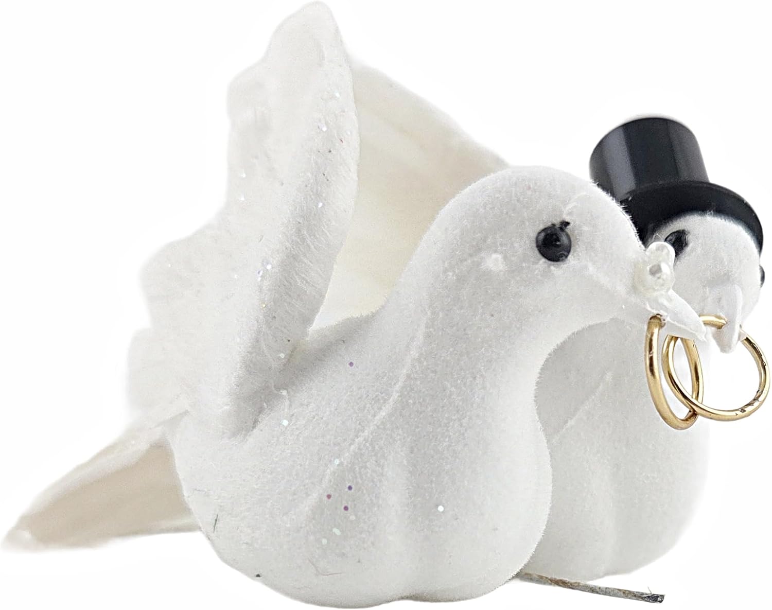 White Glitter Love Doves Wedding Ornament with Gold Rings and Top Hat, Plastic and Feather, 5x2 Inch, 2 Sets