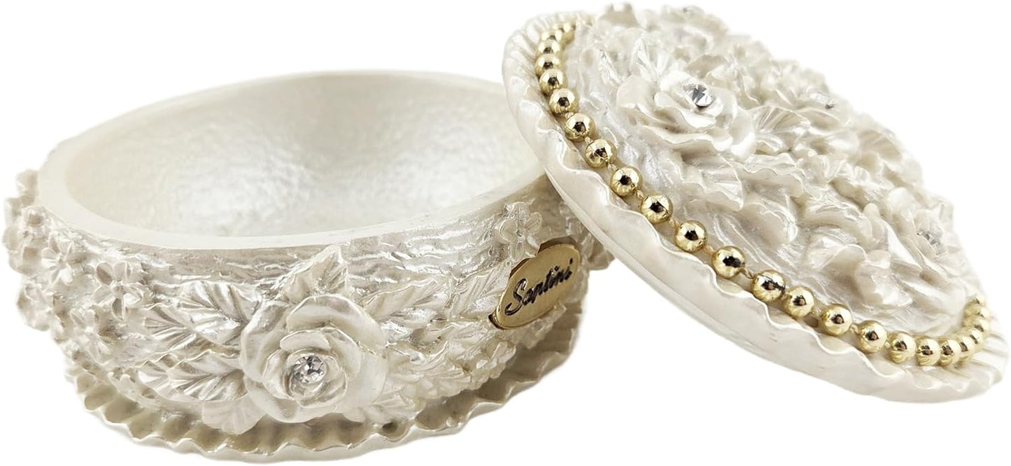 Party Favors Plus Polyresin Trinket Box Ivory Pearl Rose Design Rhinestone Accents Round 3.5x1.75 Inch