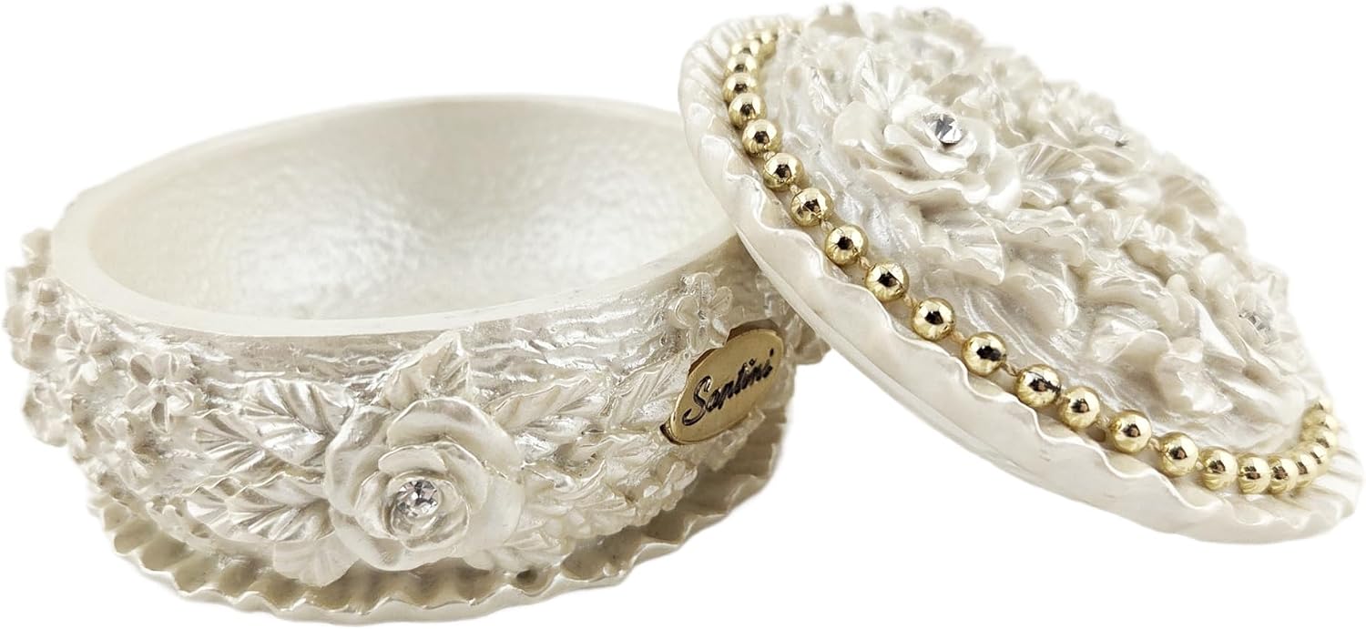 Party Favors Plus Polyresin Trinket Box Ivory Pearl Rose Design Rhinestone Accents Round 3.5x1.75 Inch
