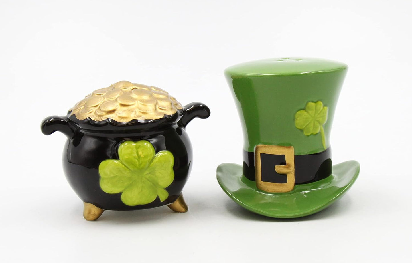 Cosmos Gifts Fine Ceramic Leprechaun Hat & Pot of Gold Salt and Pepper Shakers Set 2-5/8" H Multicolor
