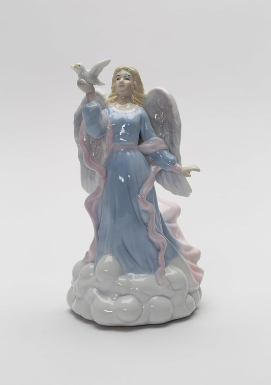 Cosmos Gifts Fine Porcelain Angel Releasing Dove Music Box Figurine 8" H Blue White