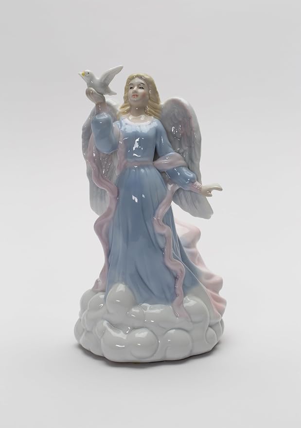 Cosmos Gifts Fine Porcelain Inspirational Peace Angel Holding Dove Music Box Figurine 8" H Blue